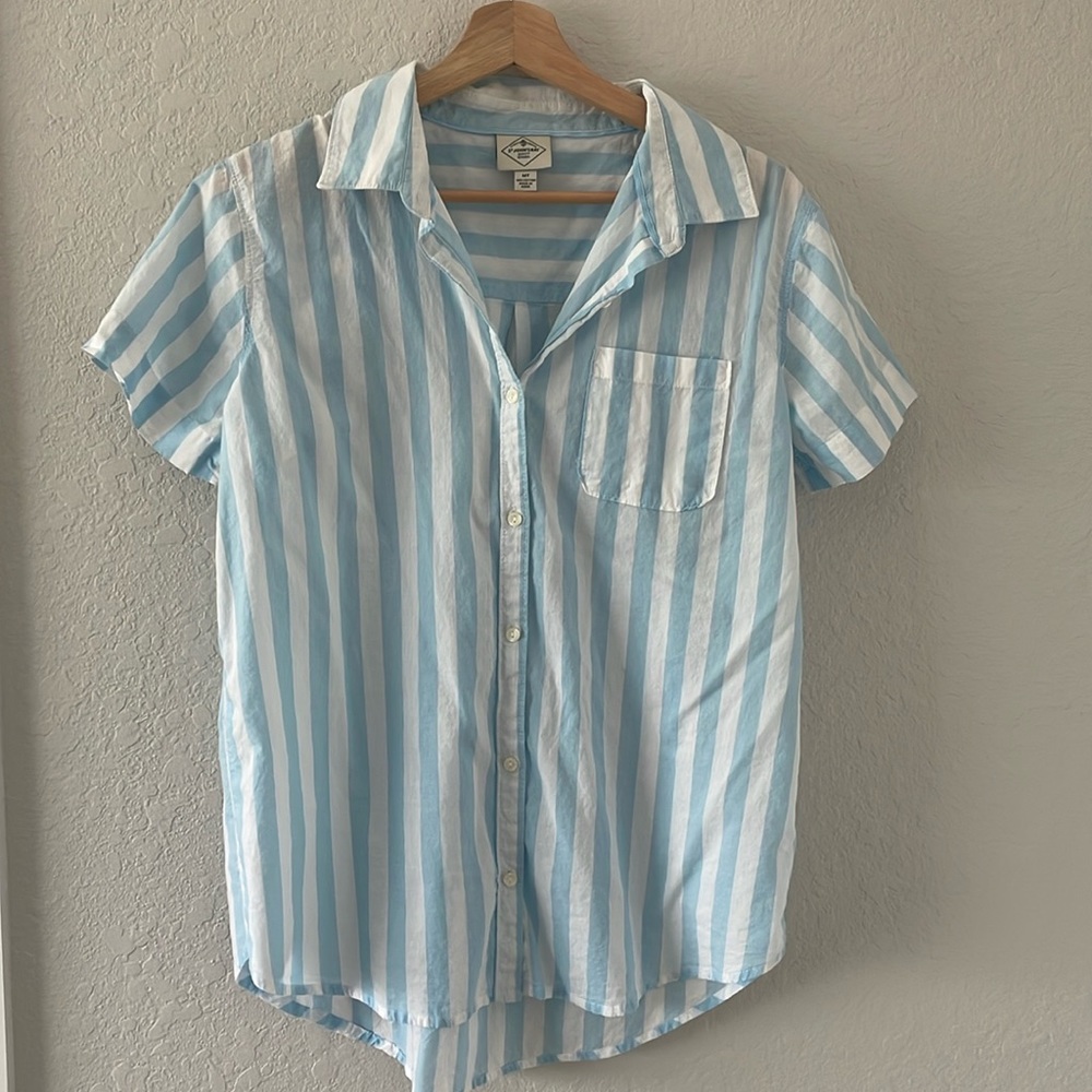 Blue Stripe Short Sleeved Button Down Shirt Size M Tall